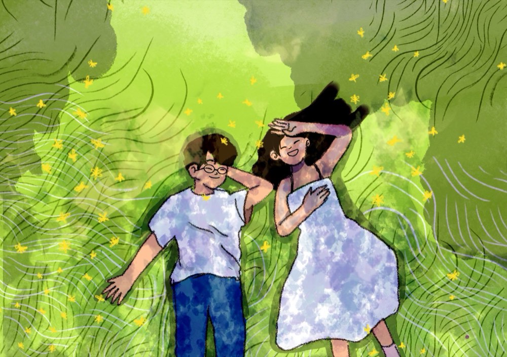 Daksha and Mukul lying in the grass — illustration from our invite